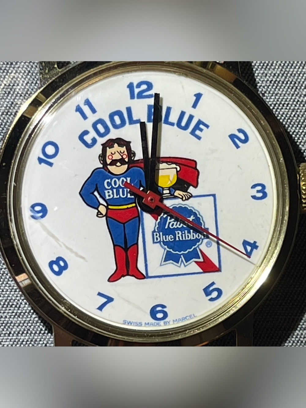 Rare Pabst Blue Ribbon Beer COOL BLUE Man Wrist Watch 1970's Swiss Made Marcel